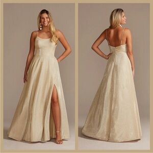 Jules & Cleo Gold Spaghetti Strap Glitter Shine Prom A-line Ball Gown with Slit